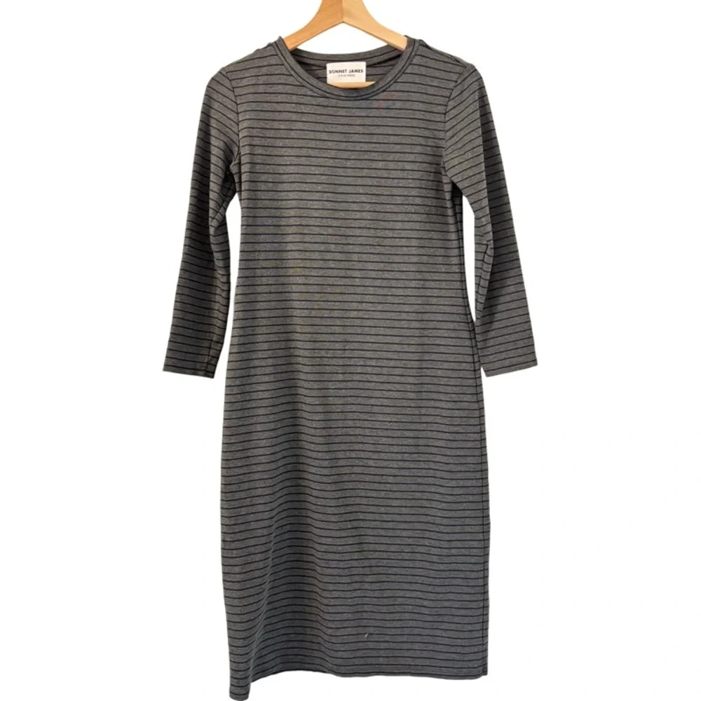 SONNET JAMES Reese Striped Play Midi Dress in Charcoal Gray Size XS